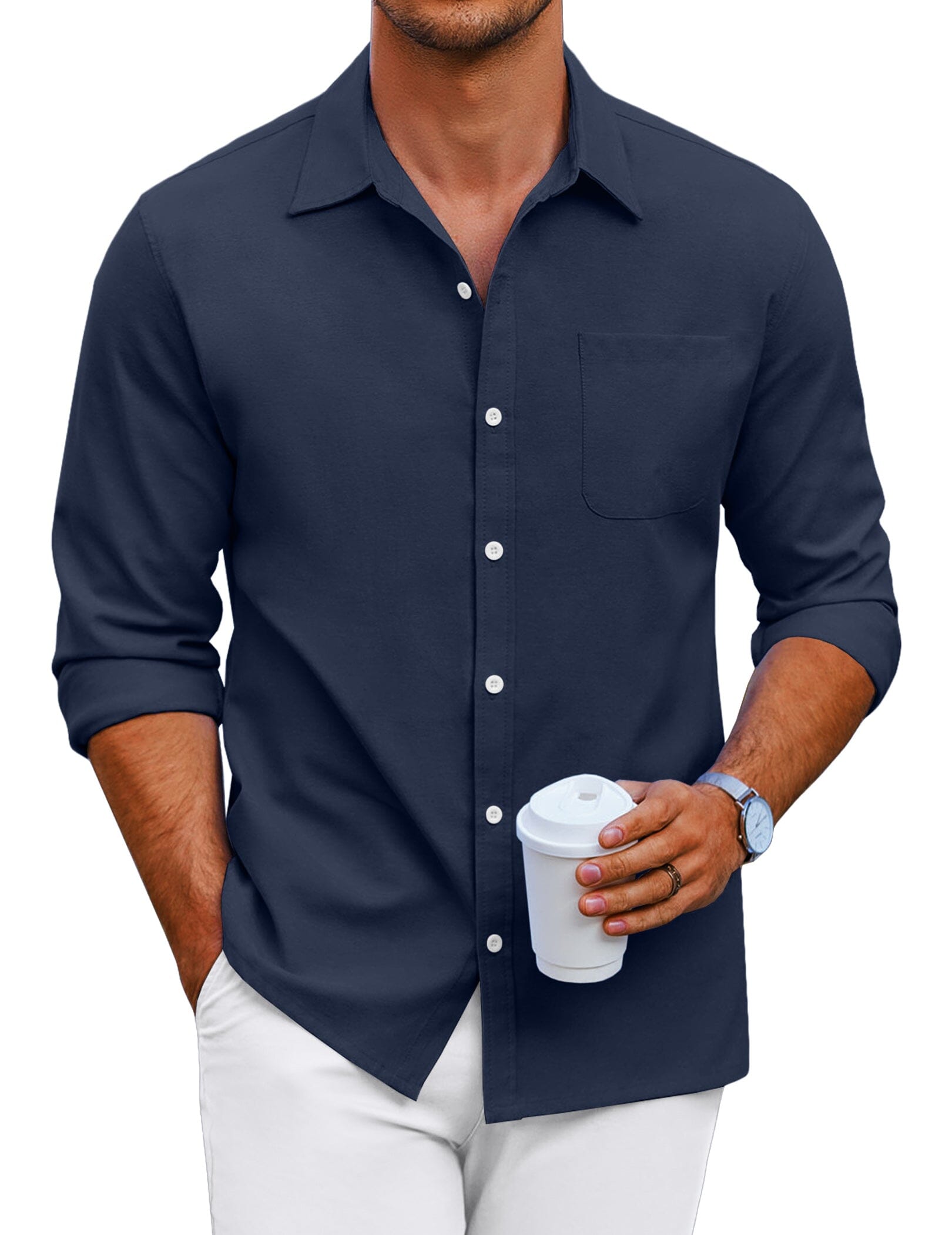 Classic Solid Long Sleeve Button Shirt with Chest Pocket (US Only)