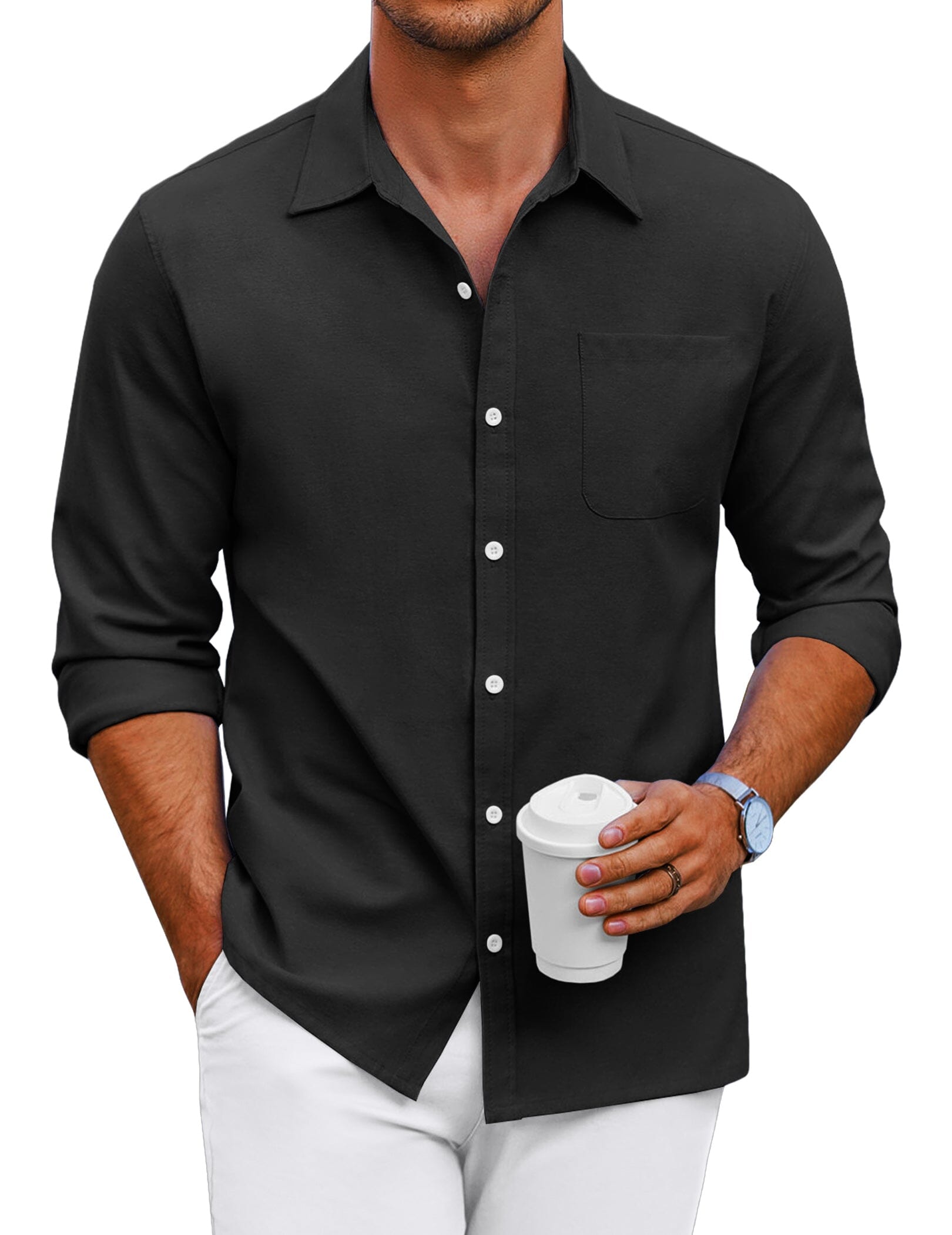 Classic Solid Long Sleeve Button Shirt with Chest Pocket (US Only)